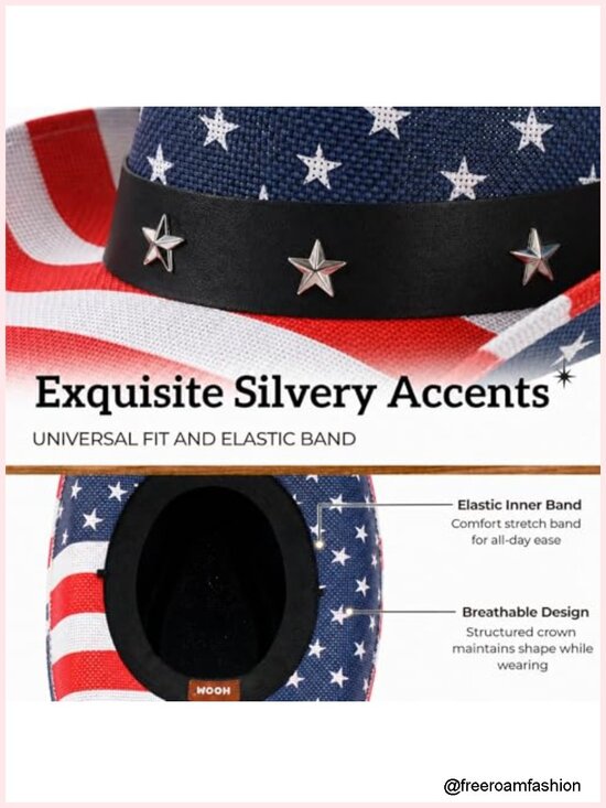 Straw Cowboy Hat with American Flag Pattern, Sun Protection, Breathable